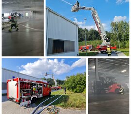 In einer Lagerhalle wurde der Brand eines Flurförderfahrzeuges mit Gefahr der Ausbreitung auf die gesamte Lagerhalle simuliert und mehrere Personen wurden im stark verrauchten Hallensegment vermisst.