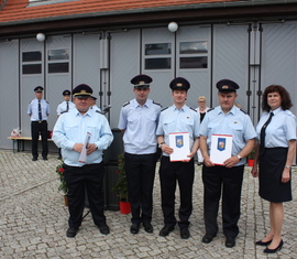 v.l. Mathias Voigt stellv. Kreisbrandmeister, Robert Buder Vorsitzender KFV SPN e.V., Sylvio Meißner, Dietmar Mehlow und  Elvira Hölzner Amtsdirektorin Amt Peitz.