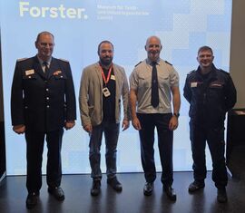v.l.n.r. Jörg Baumgart (Stadtwehrführer Forst) Feuerwehr Lubsko - Brody, Ray Doebis (OWF Forst), Chris Bertko (Sachgebiet Brandschutz Stadt Forst)